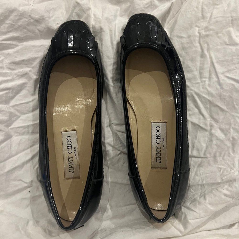 Jimmy Choo Patent Leather Square Toe Ballet Flat with Fringe